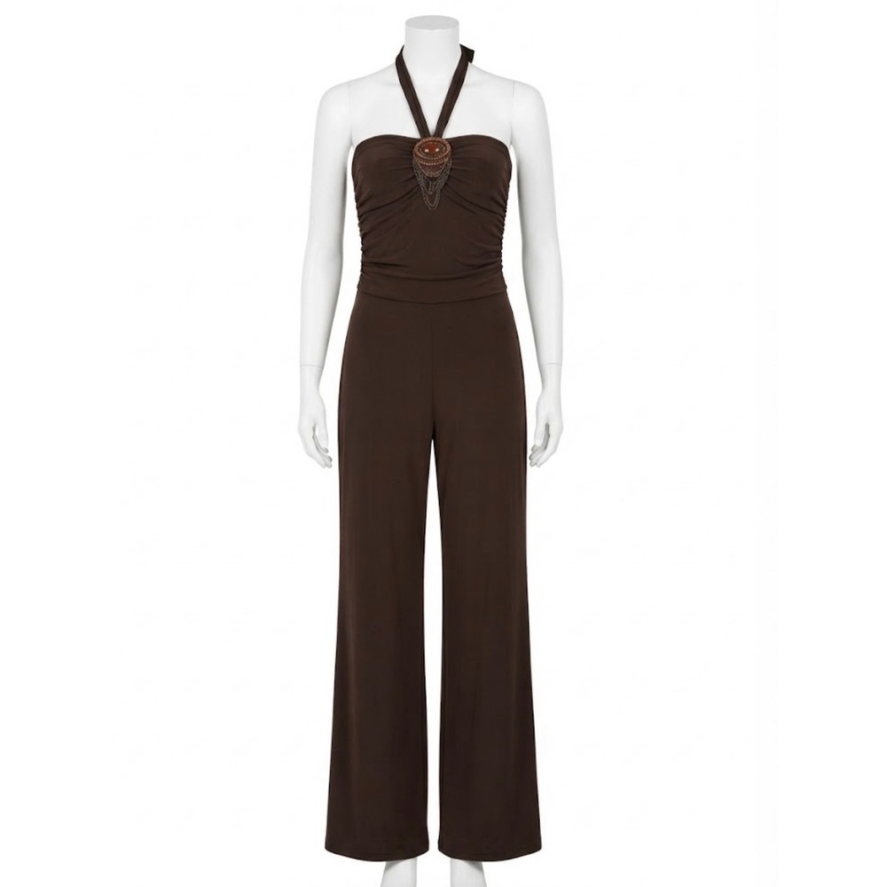 Newport News Y2K  Beaded Halter Ruched Wide Leg Jumpsuit Boho Evening L
